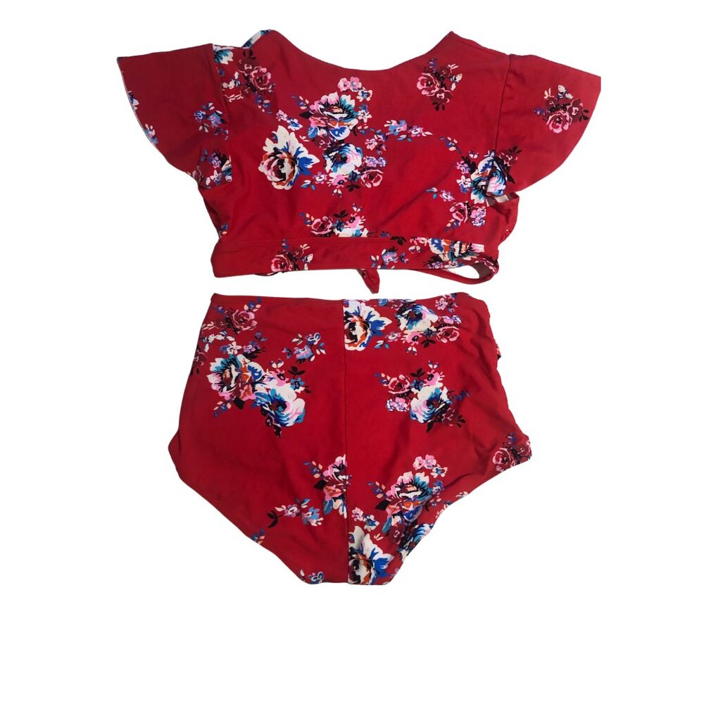 Coco Ship Retro Red Floral flutter sleeve high waisted bikini set coquette 10 - Picture 2 of 2